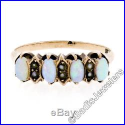Antique Victorian 10K Rose Gold Alternating Prong Set Oval Opal Pearl Band Ring