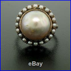 Antique Victorian 10K Rose Gold Bezel Mabe Prong Seed Pearl Ring & Earrings Set