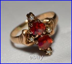 Antique Victorian 10k Gold Double Pearl Orange Stone Claw Set Ring Free S/H