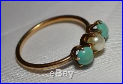Antique Victorian 10k Gold Double Pearl & Turquoise Claw Set Ring Free Ship