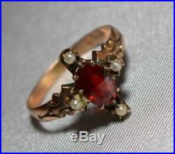 Antique Victorian 10k Gold Pearl Garnet Stone Claw Set Ring Free S/H