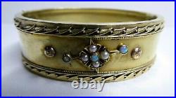 Antique Victorian 14 Ct Gold Hinged Bracelet Opal & Seed Pearl Set Wide Band