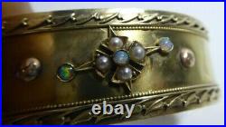 Antique Victorian 14 Ct Gold Hinged Bracelet Opal & Seed Pearl Set Wide Band