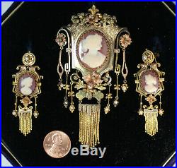 Antique Victorian 14K Gold Cameo Pearl Pendant Brooch Earring Set Estate Jewelry