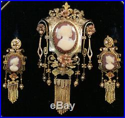 Antique Victorian 14K Gold Cameo Pearl Pendant Brooch Earring Set Estate Jewelry