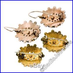Antique Victorian 14K Gold Milgrain Bezel Black Jet Pearl Earrings & Brooch Set