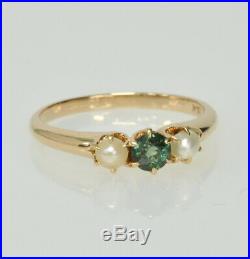 Antique Victorian 14k Gold Green Tourmaline Claw Set Pearl Three Stone Ring