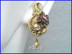 Antique Victorian 14k Gold Rose Cut Garnet & Seed Pearl Pin & Earrings Set