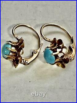 Antique Victorian 14k Rose Gold Crown Set Persian Turquoise Drop Pierce Earrings