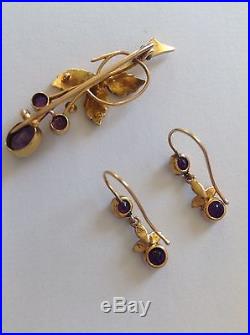 Antique Victorian 15ct Gold Amethyst & Seed Pearl Brooch Earrings Set