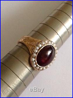 Antique Victorian 15ct Gold Cabouchon Garnet & Seed Pearl Set Oval Cluster Ring
