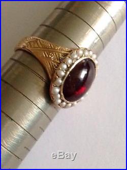 Antique Victorian 15ct Gold Cabouchon Garnet & Seed Pearl Set Oval Cluster Ring