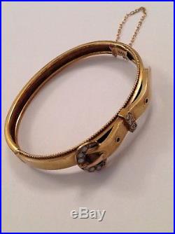Antique Victorian 15ct Gold Diamond & Seed Pearl Set Buckle Hinged Bangle