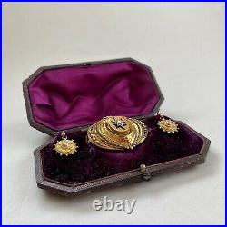 Antique Victorian 15ct Gold Enamel And Pearl Brooch Pin & 9ct Earrings Boxed Set