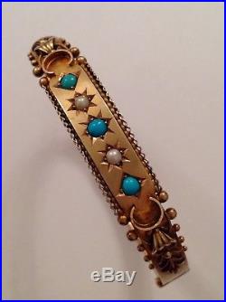 Antique Victorian 15ct Gold Etruscan Decorated Turquoise & Seed Pearl Set Bangle