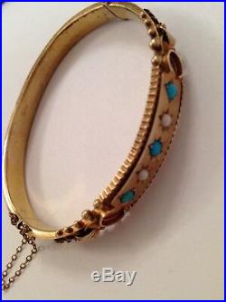 Antique Victorian 15ct Gold Etruscan Decorated Turquoise & Seed Pearl Set Bangle
