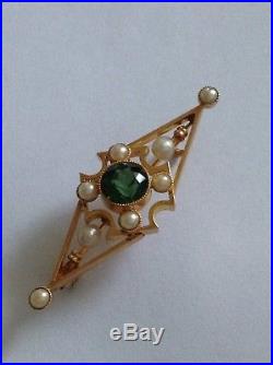 Antique Victorian 15ct Gold Green Tourmaline & Seed Pearl Set Brooch
