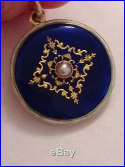 Antique Victorian 15ct Gold Guilloche Blue Enamel & Seed Pearl Set Locket