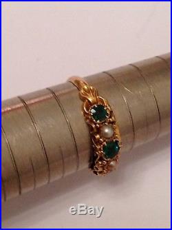 Antique Victorian 15ct Gold Natural Emerald & Seed Pearl Set Ring