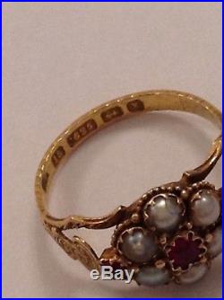 Antique Victorian 15ct Gold Natural Ruby & Seed Pearl Set Ring