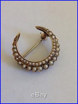Antique Victorian 15ct Gold Natural Seed Pearl Set Crescent Star Brooch