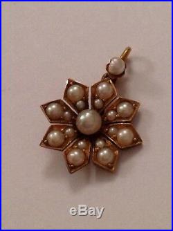 Antique Victorian 15ct Gold & Natural Seed Pearl Set Flower Pendant