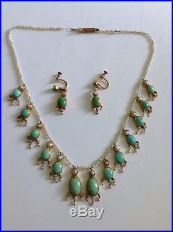 Antique Victorian 15ct Gold Natural Seed Pearl & Turquoise Set Fringe Necklace