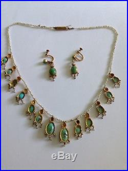 Antique Victorian 15ct Gold Natural Seed Pearl & Turquoise Set Fringe Necklace