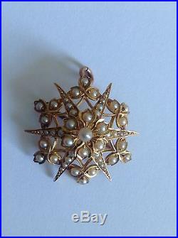 Antique Victorian 15ct Gold & Seed Pearl Set Floral Star Pendant / Brooch