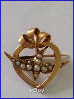 Antique Victorian 15ct Gold Seed Pearl Set Swallow & Heart Brooch