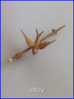 Antique Victorian 15ct Gold & Seed Pearl Set Swallow In Flight Brooch