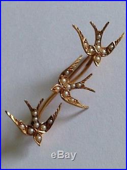 Antique Victorian 15ct Gold & Seed Pearl Set Swallows In Flight Brooch