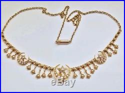 Antique Victorian 15ct Gold Seed Pearl set Crescent & Star Fringe Necklace c1880