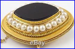 Antique Victorian 15ct yellow gold onyx and seed pearl set mourning brooch 22.3g