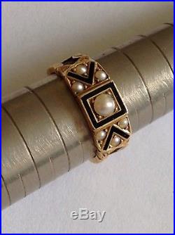 Antique Victorian 18ct Gold Black Enamel & Seed Pearl Set Hair Mourning Ring