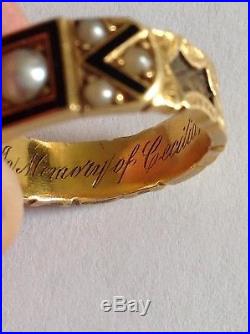 Antique Victorian 18ct Gold Black Enamel & Seed Pearl Set Hair Mourning Ring