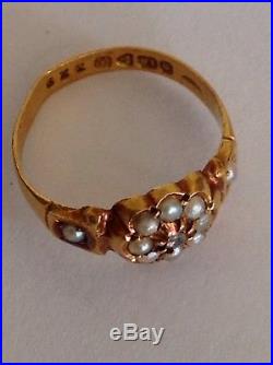 Antique Victorian 18ct Gold Seed Pearl & Diamond Set Ring