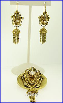 Antique Victorian 18k Solid Gold Pearl Rose Diamond Earrings Pendant Brooch SET