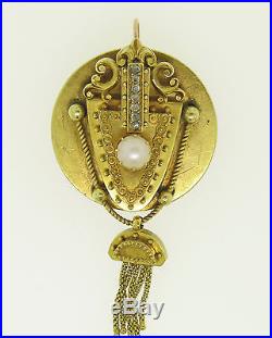 Antique Victorian 18k Solid Gold Pearl Rose Diamond Earrings Pendant Brooch SET