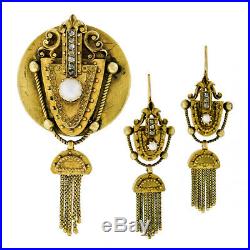 Antique Victorian 18k Yellow Gold Pearl Rose Cut Diamond Earrings & Pendant Set