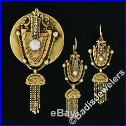 Antique Victorian 18k Yellow Gold Pearl Rose Cut Diamond Earrings & Pendant Set