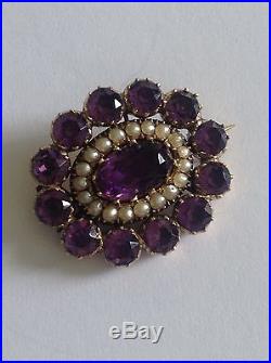 Antique Victorian 9ct Gold Amethyst & Seed Pearl Set Oval Lace Brooch