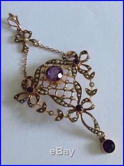 Antique Victorian 9ct Gold Amethyst & Seed Pearl Set Pendant