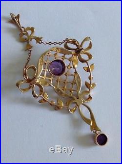 Antique Victorian 9ct Gold Amethyst & Seed Pearl Set Pendant