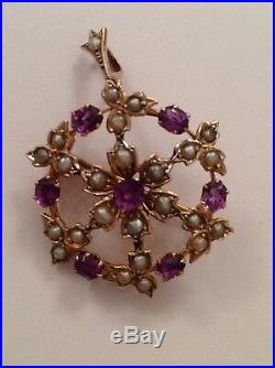Antique Victorian 9ct Gold Amethyst & Seed Pearl Set Pendant / Brooch