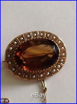 Antique Victorian 9ct Gold Natural Citrine & Seed Pearl Set Lace Brooch