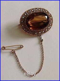 Antique Victorian 9ct Gold Natural Citrine & Seed Pearl Set Lace Brooch