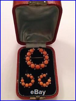 Antique Victorian 9ct Gold Natural Coral & Seed Pearl Set Brooch & Earring Suite
