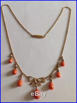 Antique Victorian 9ct Gold Natural Coral & Seed Pearl Set Drop Necklace