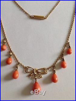 Antique Victorian 9ct Gold Natural Coral & Seed Pearl Set Drop Necklace